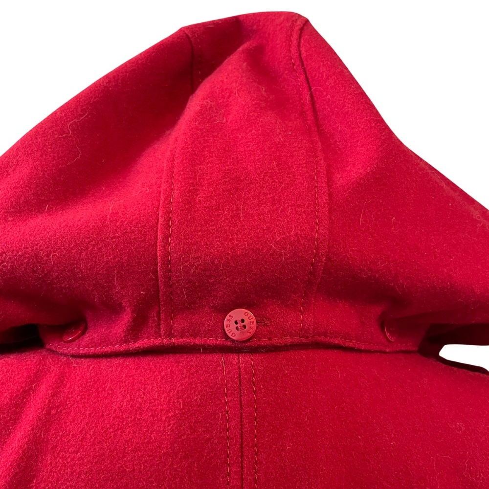 GUESS RED L Wool Blend Duffle Coat Detachable Hood Toggle Jacket Patton Loops - Picture 8 of 16